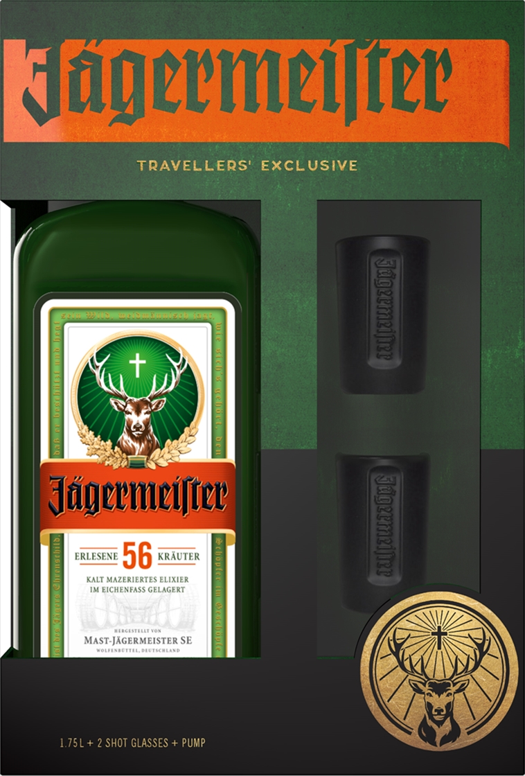 LICOR JAGERMEISTER PARTY PK  2 BLK SHOT GLS 1750ML
